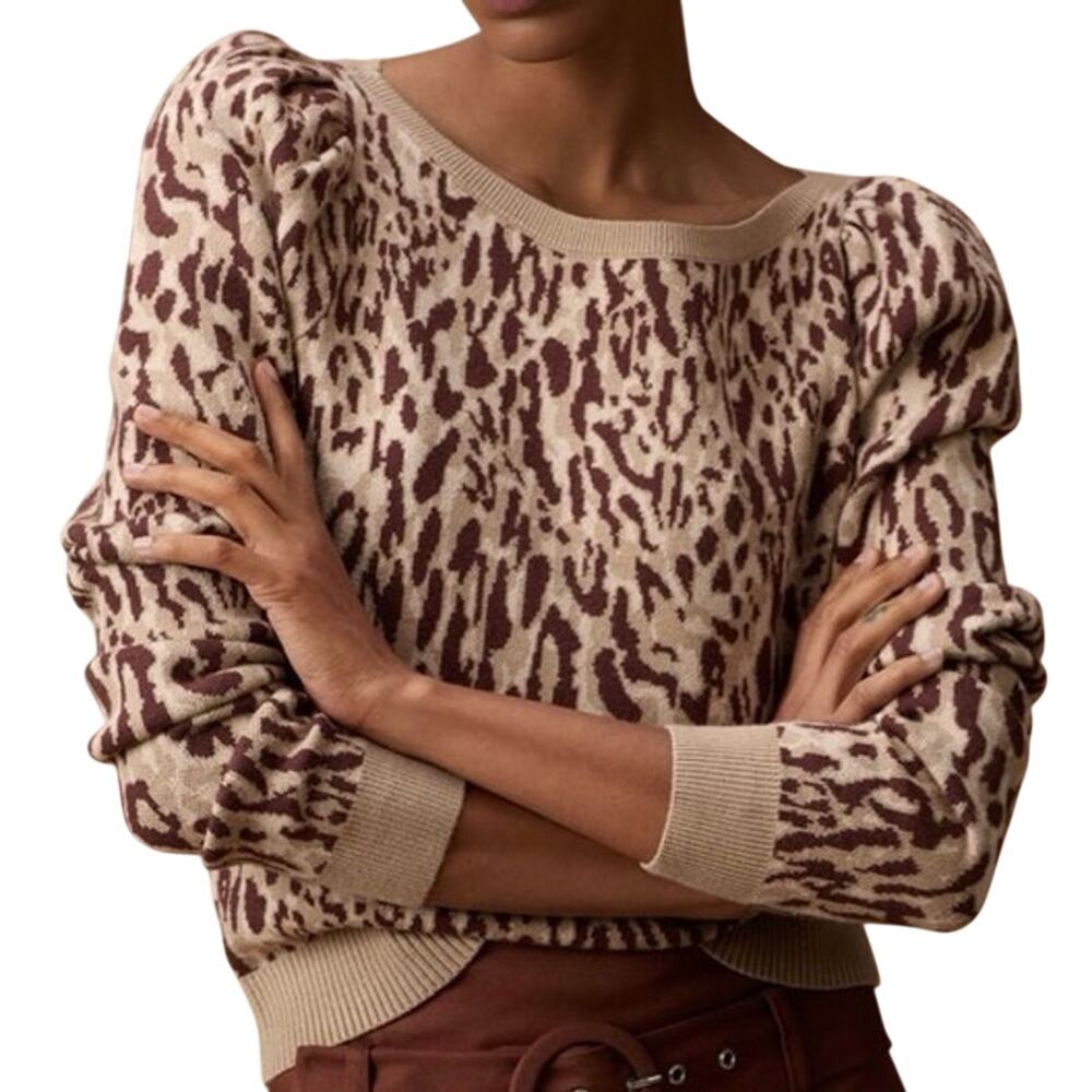 Maeve ANTHROPOLOGIE Puff-Sleeve Pullover Sweater Leopard Animal Print Knit Sz XL